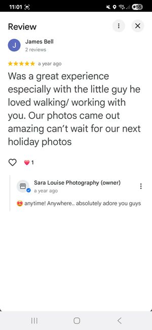 Five-star Google review praising Sara Louise Photography for amazing family photos and a great experience with their child.