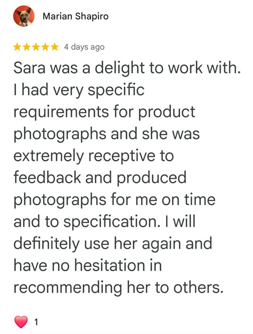 5-star Google review from Marian Shapiro praising Sara's product photography skills, responsiveness, and on-time delivery.