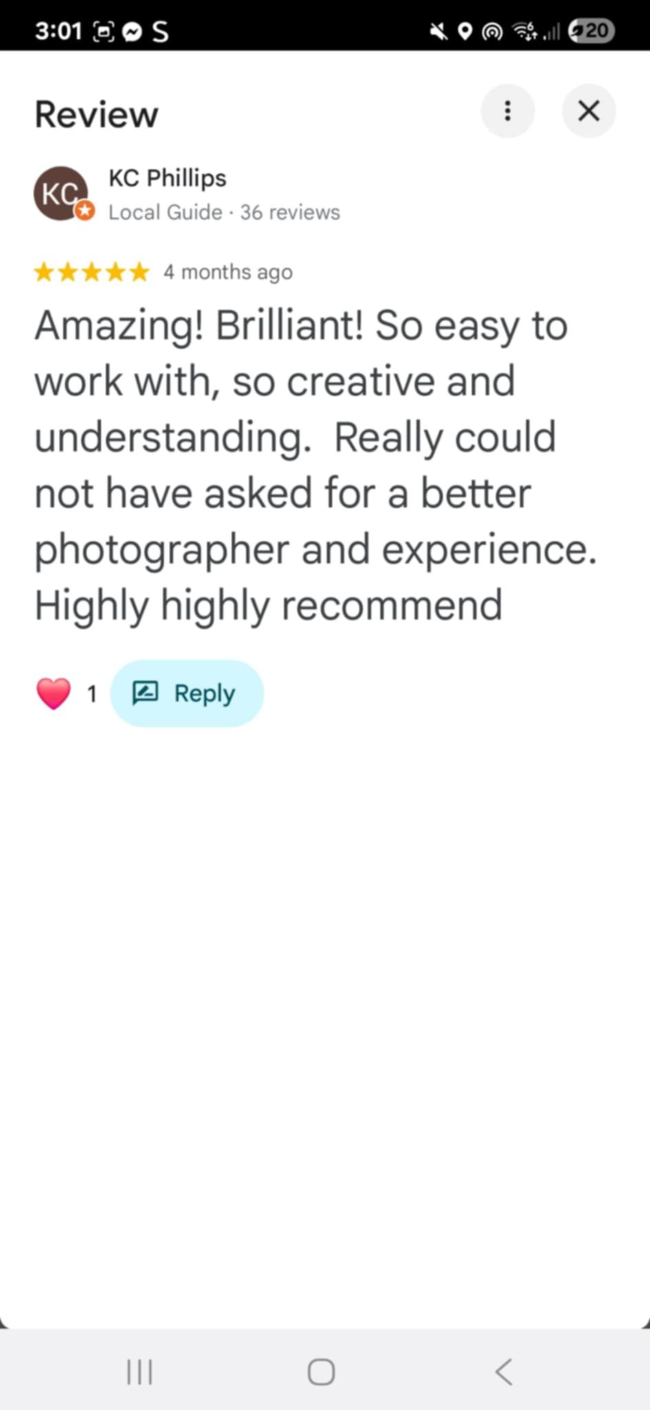 Five-star Google review praising a photographer as amazing, brilliant, creative, and easy to work with, by KC Phillips.