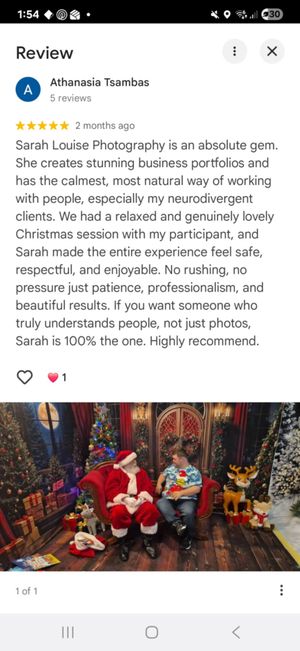 Five-star Google review for Sarah Louise Photography praising neurodivergent-friendly sessions, with a Christmas photo of Santa and client.