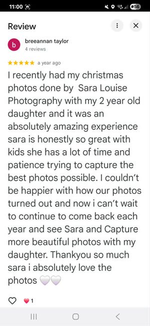 Five-star Google review praising Sara Louise Photography for patience and skill during a Christmas photo session with a two-year-old child.