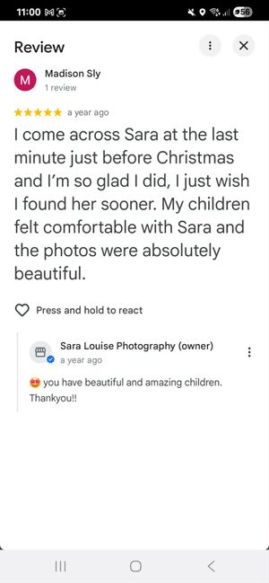 Five-star Google review for Sara Louise Photography from Madison Sly praising comfortable children's Christmas photo session.