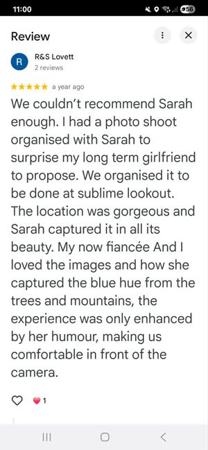Five-star Google review praising Sara Louise Photography for capturing a surprise marriage proposal at Sublime Lookout.