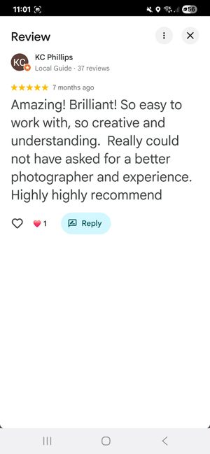 Five-star Google review calling Sara Louise Photography amazing, brilliant, and highly recommending the creative photographer.