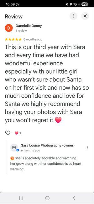 Five-star Google review praising Sara Louise Photography Santa sessions over three years, highlighting child confidence growth.