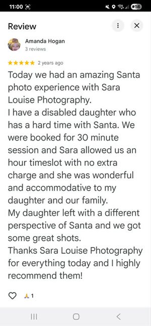 Five-star Google review praising Sara Louise Photography for accommodating a disabled child during a Santa photo session.