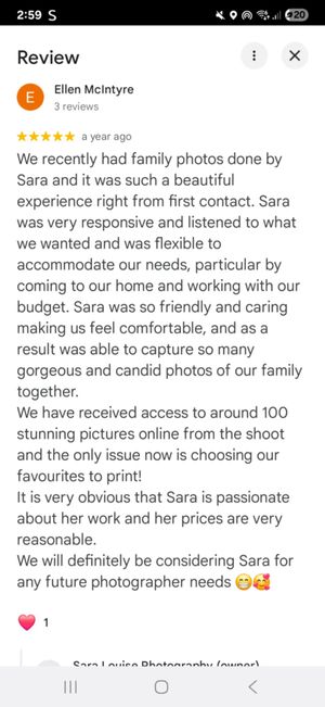 Five-star Google review praising Sara Louise Photography for flexible, caring family photo session with 100 stunning images delivered.