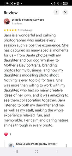 Five-star Google review praising Sara Louise Photography for capturing family portraits, branding, and modelling shoots beautifully.