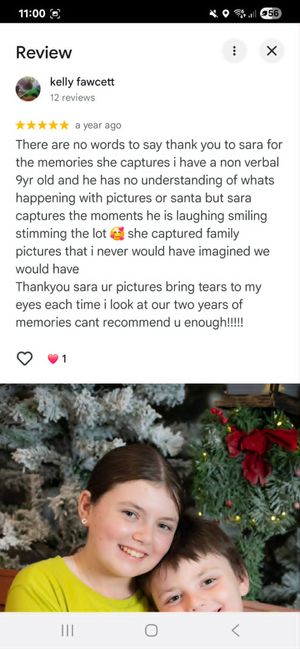 A five-star Google review praising photographer Sara, with a photo of two smiling children posed in front of a Christmas tree.