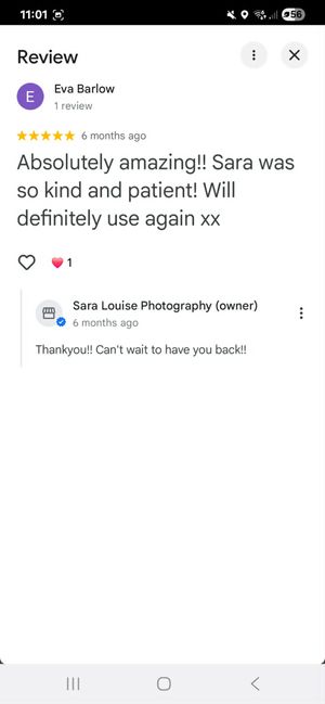 Five-star Google review praising Sara Louise Photography for kind and patient service, with owner response thanking the customer.