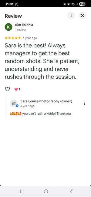 Five-star Google review praising Sara Louise Photography for patience and natural shots, with owner response.