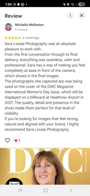 Five-star Google review for Sara Louise Photography, whose images appear on DWC Magazine International Women's Day cover.