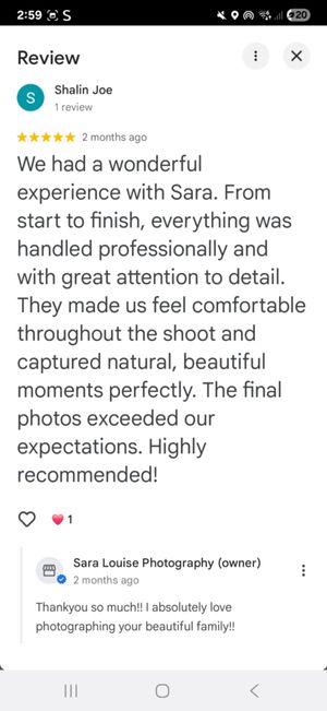 Five-star Google review praising Sara Louise Photography for professional family shoot exceeding expectations.