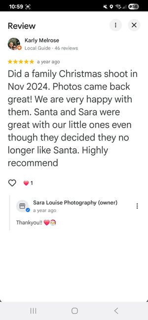 Five-star Google review praising Sara Louise Photography family Christmas shoot in November 2024 with Santa.