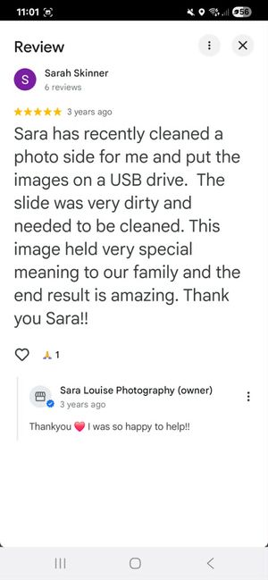 Five-star Google review praising Sara Louise Photography for restoring a precious family photo slide to USB.