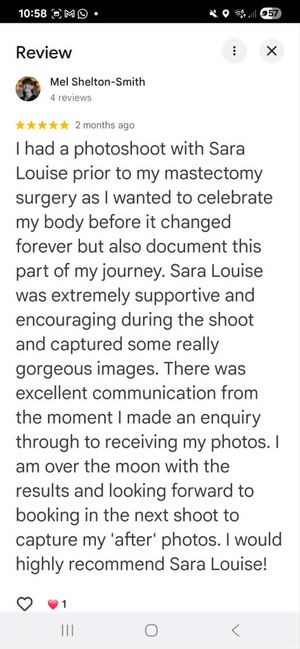 Five-star Google review praising Sara Louise Photography for supportive pre-mastectomy photoshoot experience and gorgeous images.