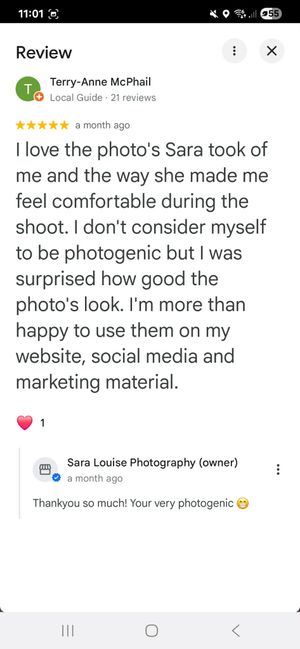 Five-star Google review praising Sara Louise Photography for comfortable headshot session for website and marketing.