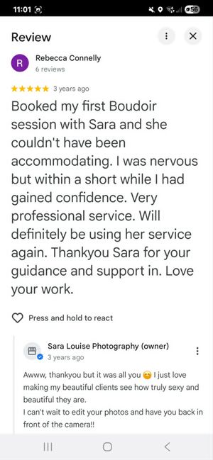 Five-star Google review praising Sara Louise Photography for a professional and confidence-boosting boudoir session.
