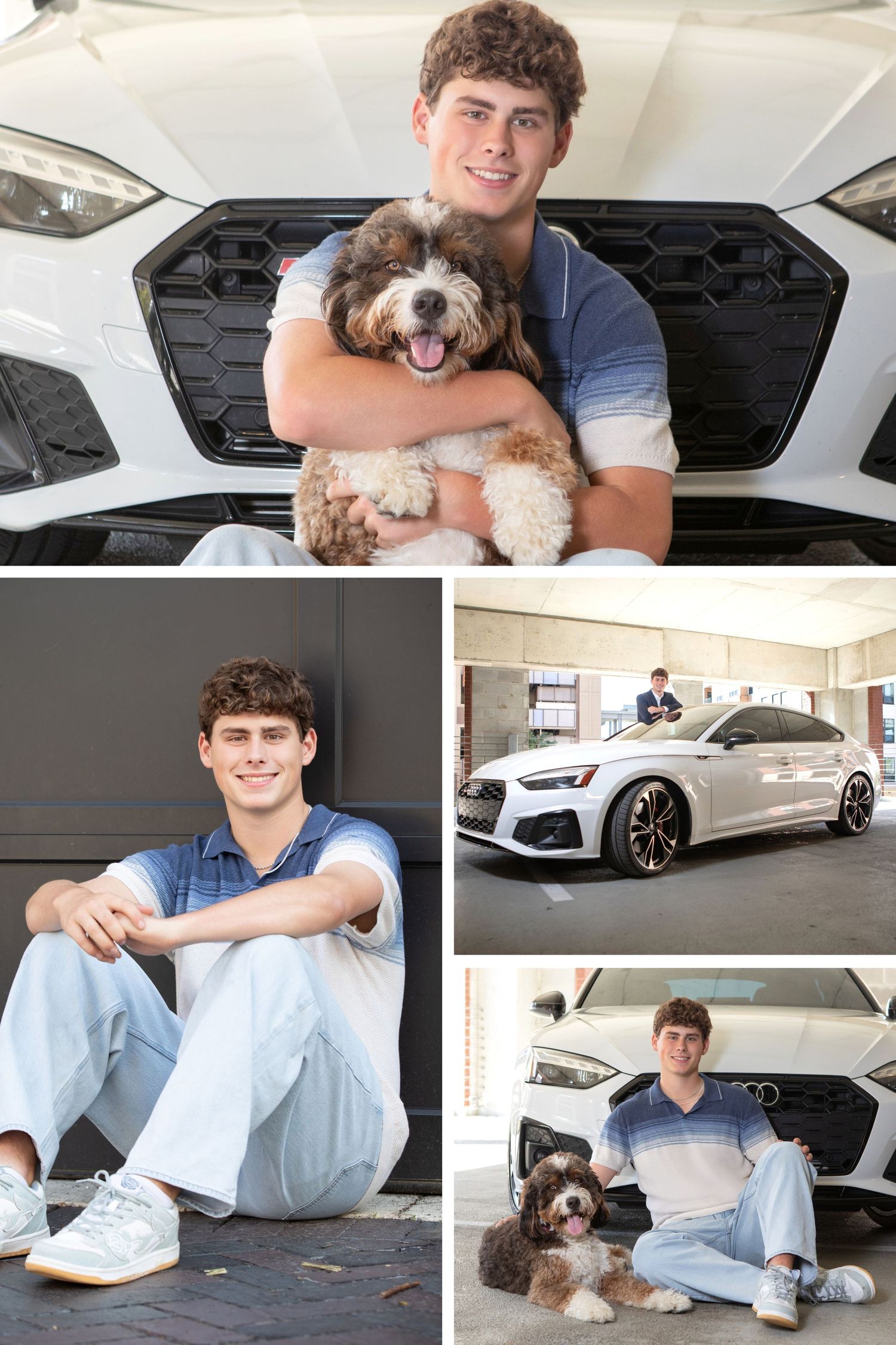 Columbus Ohio senior pictures at Bridge Park featuring personalized portraits with a car and favorite dog.