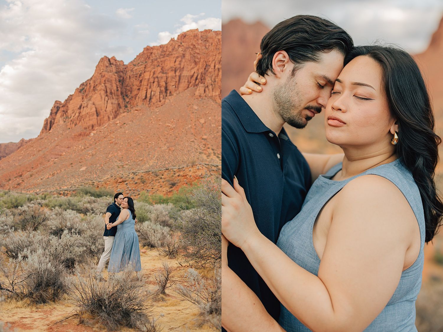 Couple embracing romantically in red rock desert landscape with dramatic sandstone cliffs in background.