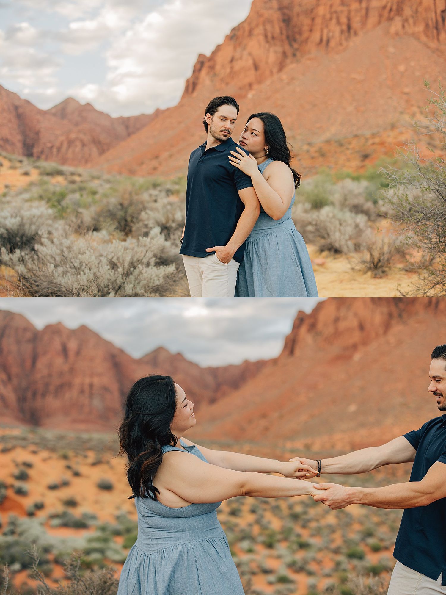 Couple dancing and embracing in front of stunning red canyon landscape, woman in blue dress holding hands with man in navy shirt.