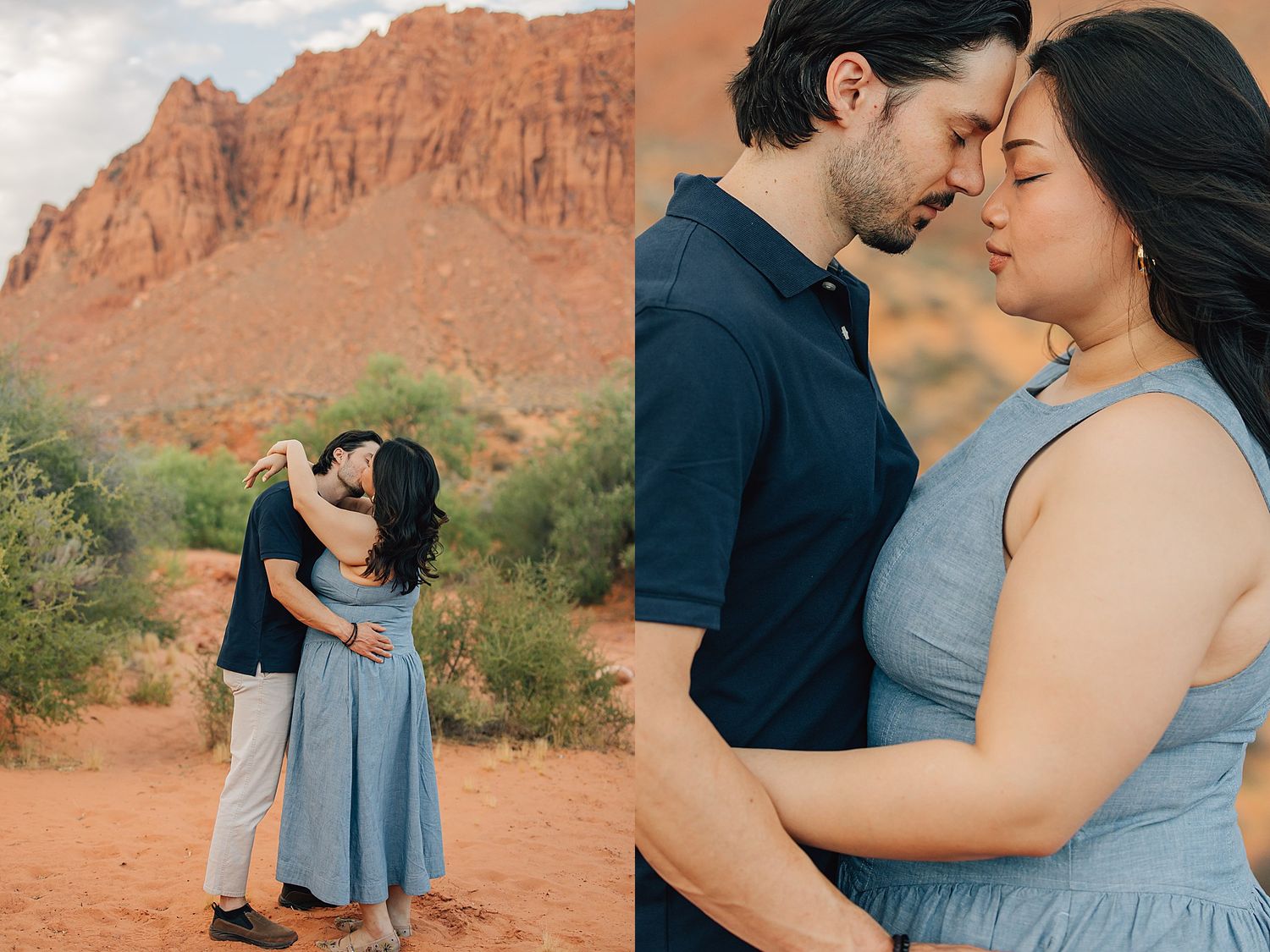 Couple embracing in red rock desert landscape, sharing a tender moment with dramatic sandstone cliffs in the background.