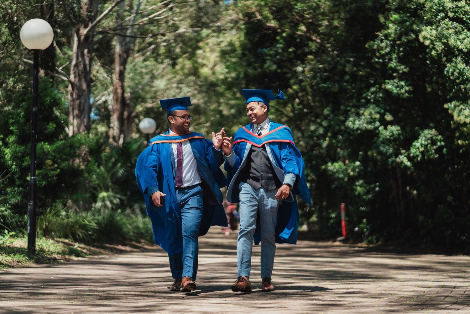 Two graduates in blue gowns and caps walk and chat along a tree-lined path, celebrating their graduation day on campus.