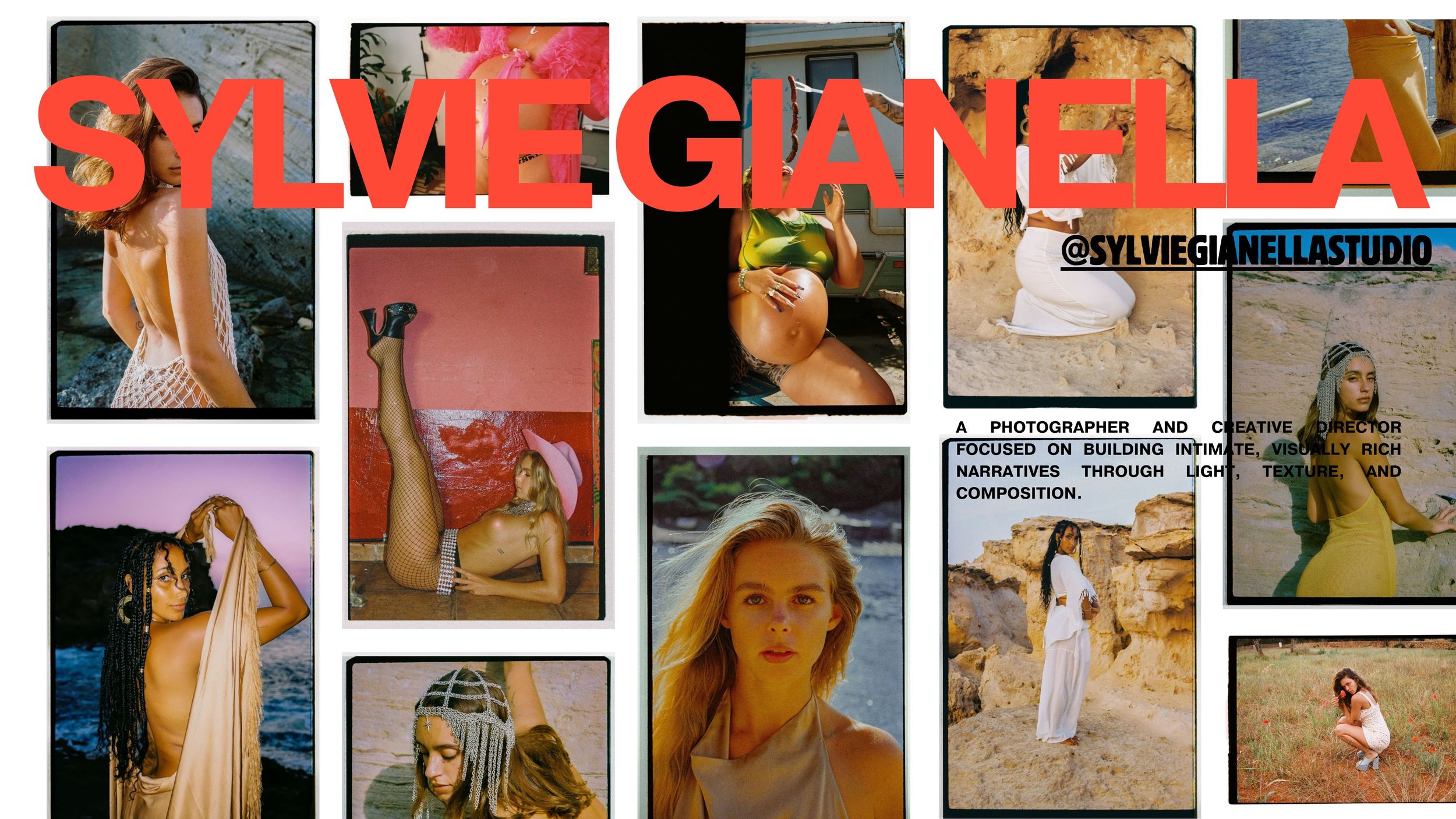 Sylvie Gianella photography studio collage featuring artistic portraits of women in natural outdoor and indoor settings.
