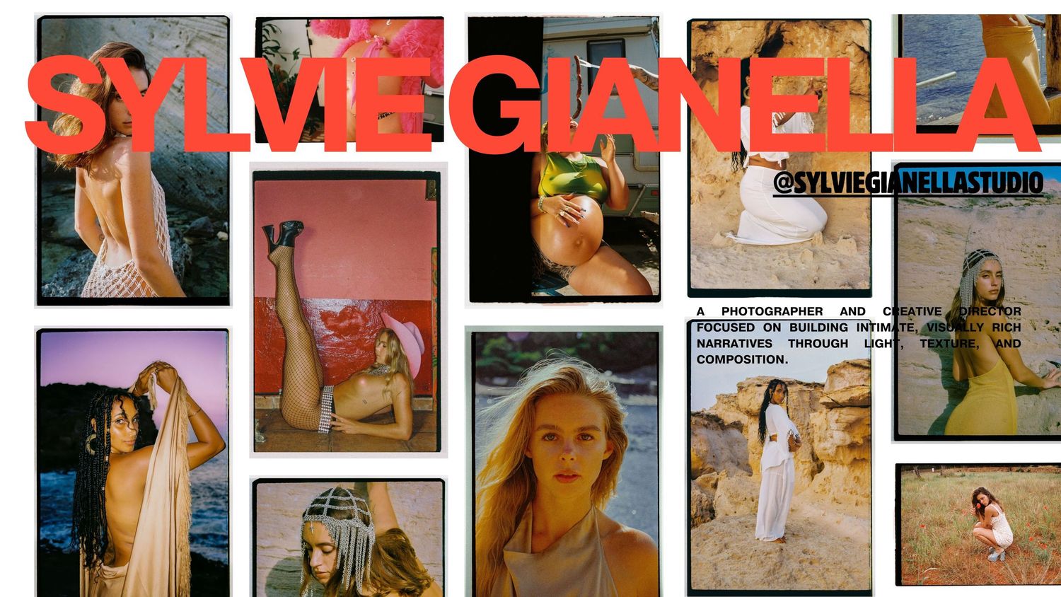 Sylvie Gianella photography studio collage featuring artistic portraits of women in natural outdoor and indoor settings.