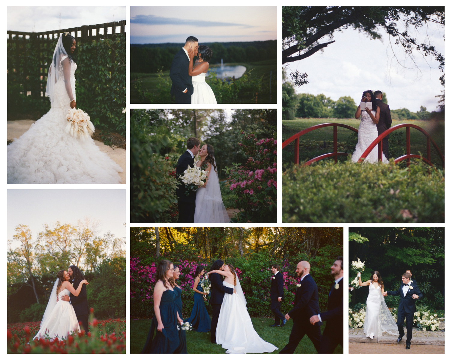 A wedding photo collage featuring a bride and groom posing in lush garden settings with vibrant flowers and scenic outdoor backdrops.