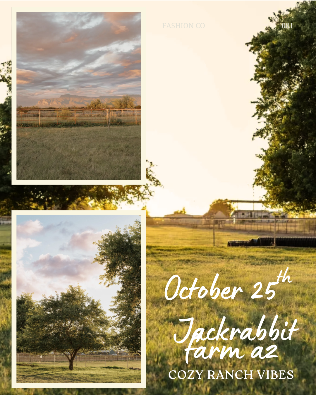 Scenic ranch farmland with lush green fields, trees, and a cloudy sunset sky at Jackrabbit Farm AZ on October 25th.