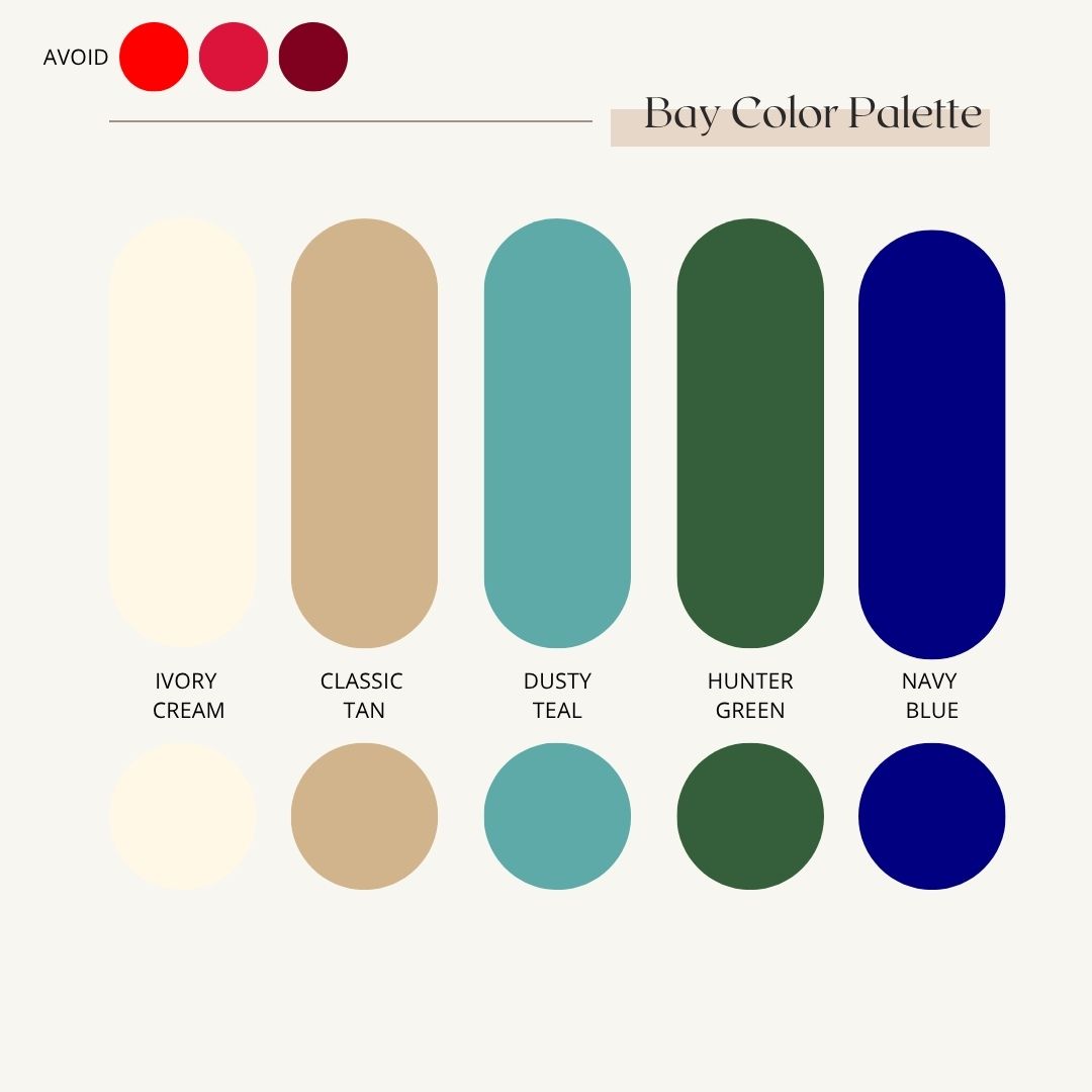 A color palette featuring ivory cream, classic tan, dusty teal, hunter green, and navy blue with red accent dots.