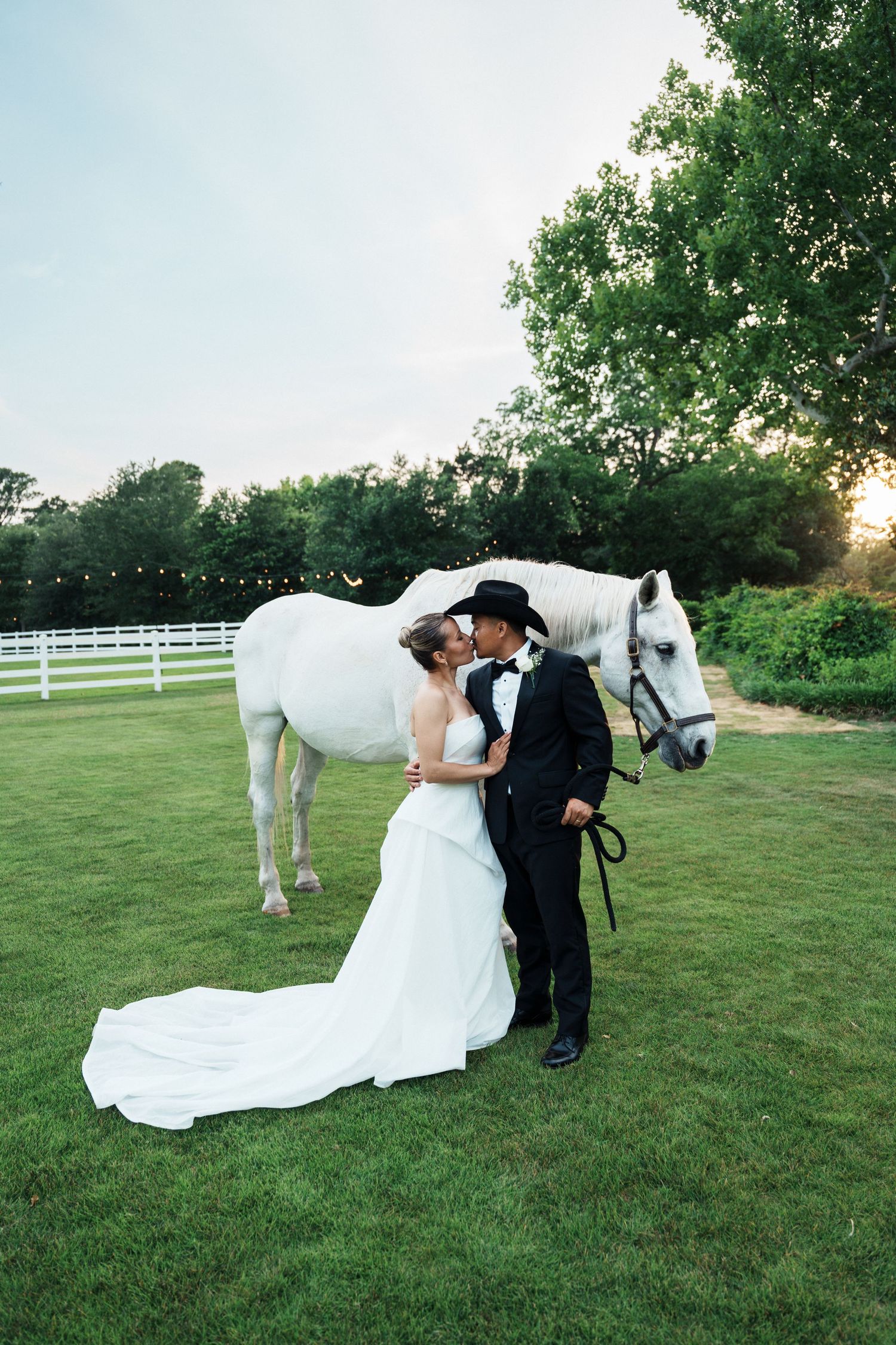 Bride and groom share a kiss beside a white horse on a lush green lawn at sunset wedding celebration.