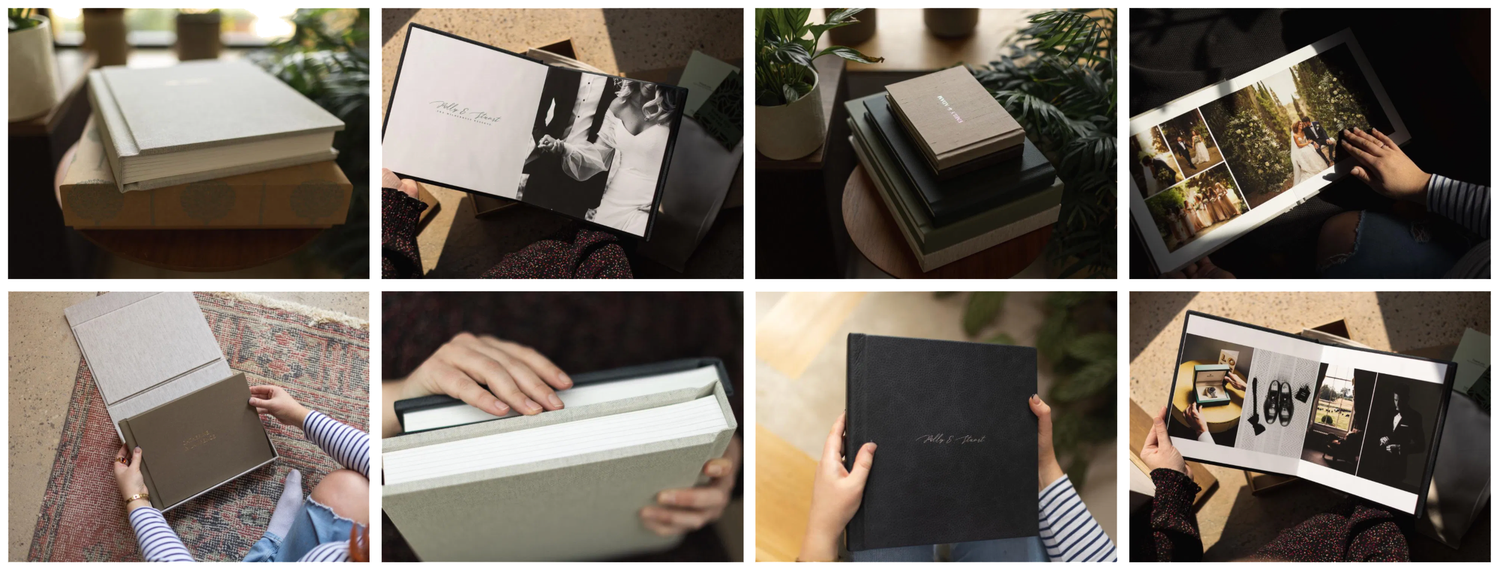 Hands opening elegant photo albums and boxes showcasing professional photography prints and presentation materials.