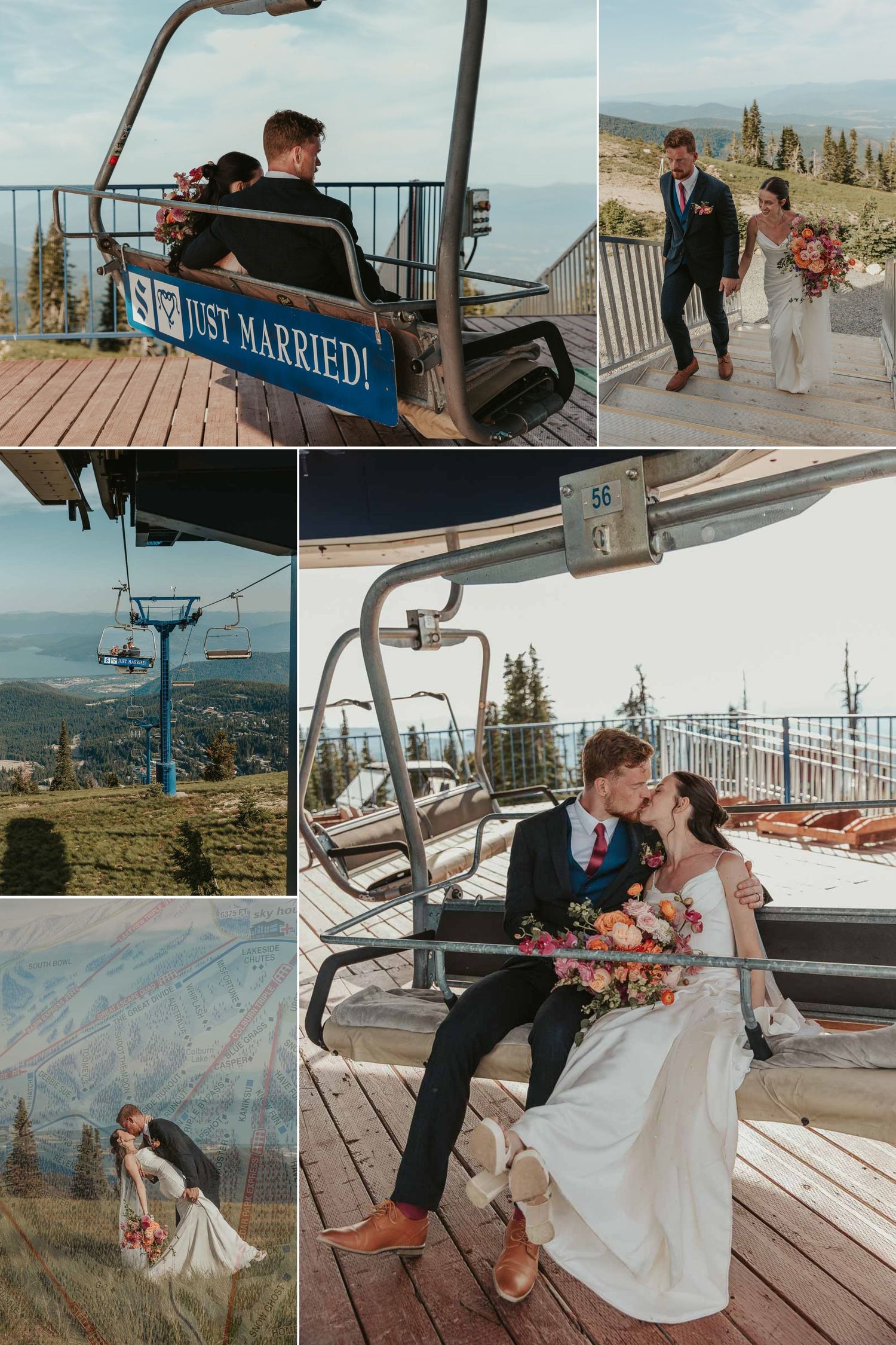 Colorful summer wedding at Schweitzer Mountain Resort in North Idaho on ski lift