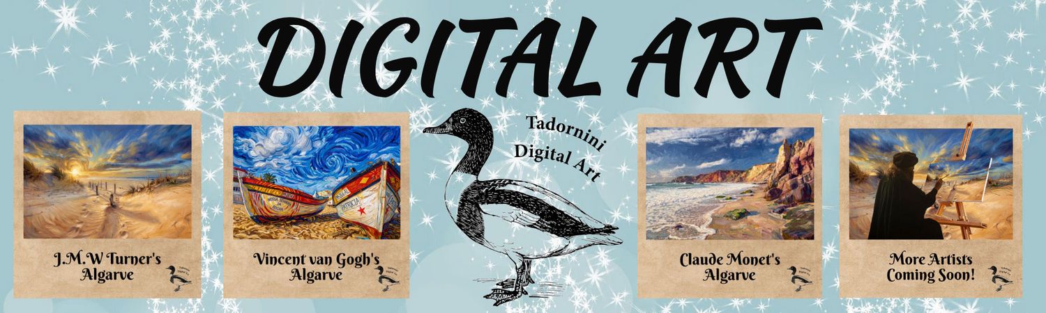 A digital art banner featuring beach and landscape paintings in the style of Turner, Monet, and van Gogh. Digital Art by Alyson Sheldrake.