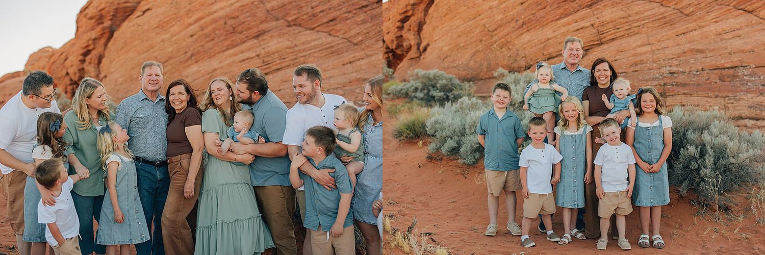Large family posing in coordinating teal outfits against red rock formations in a desert landscape.