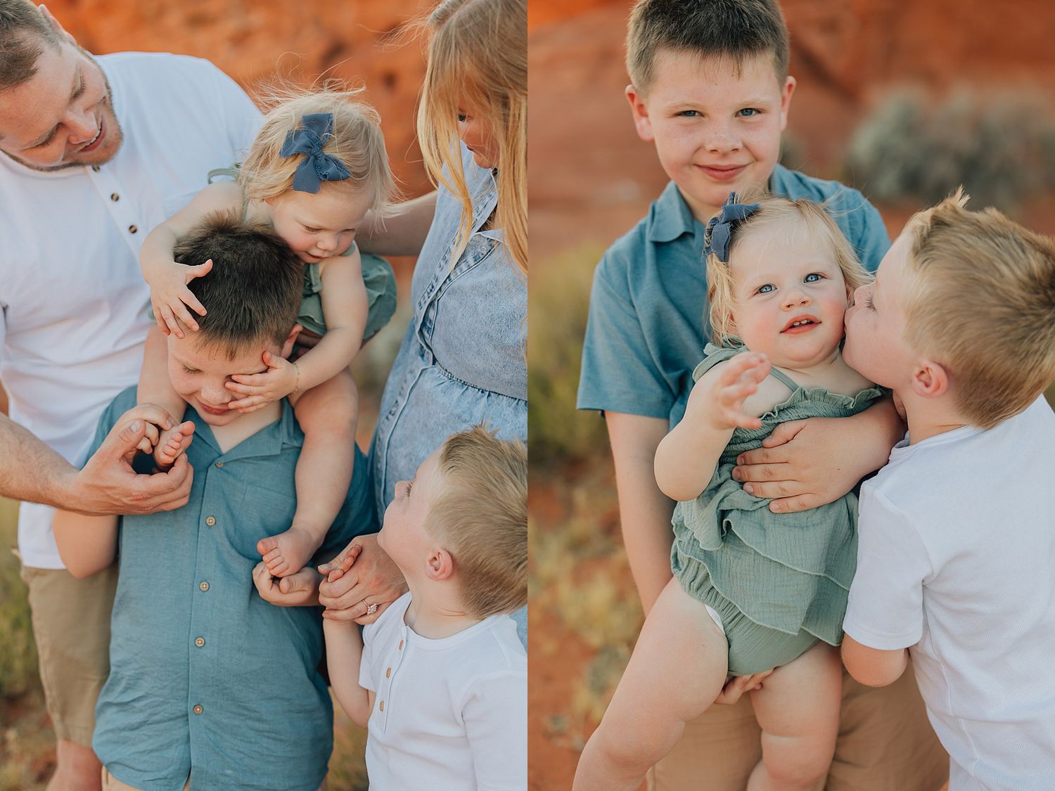 Family photo session with parents and three young children hugging and laughing together outdoors in a red rock desert setting.