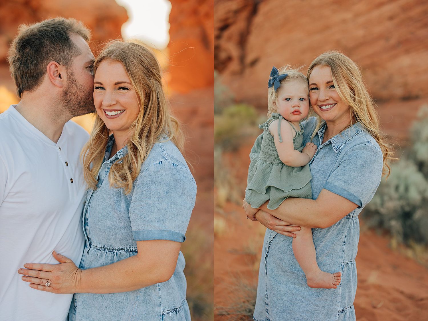 Couple embracing and smiling with baby girl in red rock desert setting during golden hour family photo session.