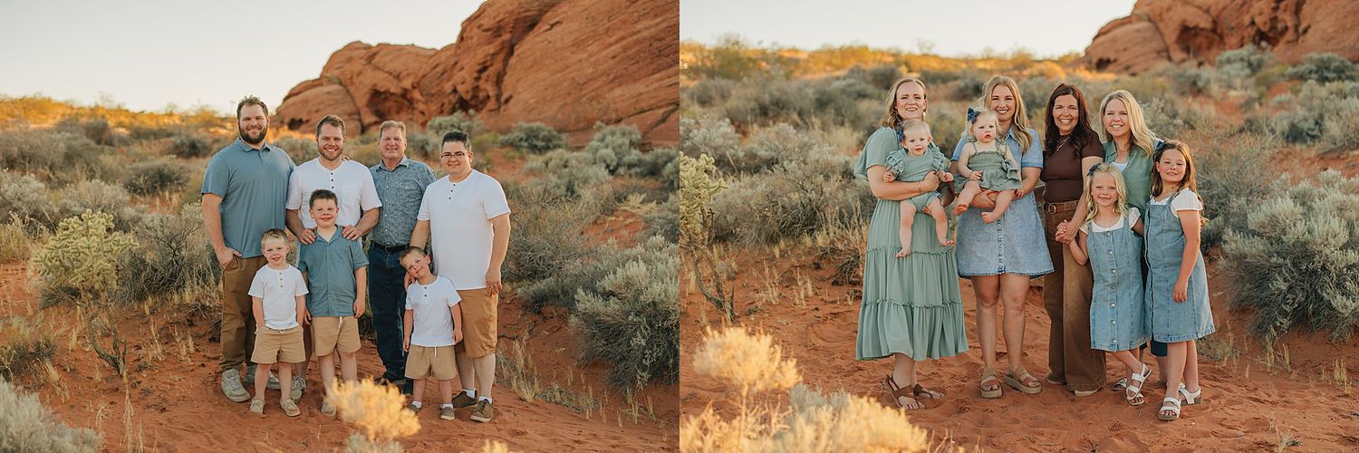 Two families pose for portraits in a red rock desert landscape at golden hour, wearing coordinated teal and neutral outfits.
