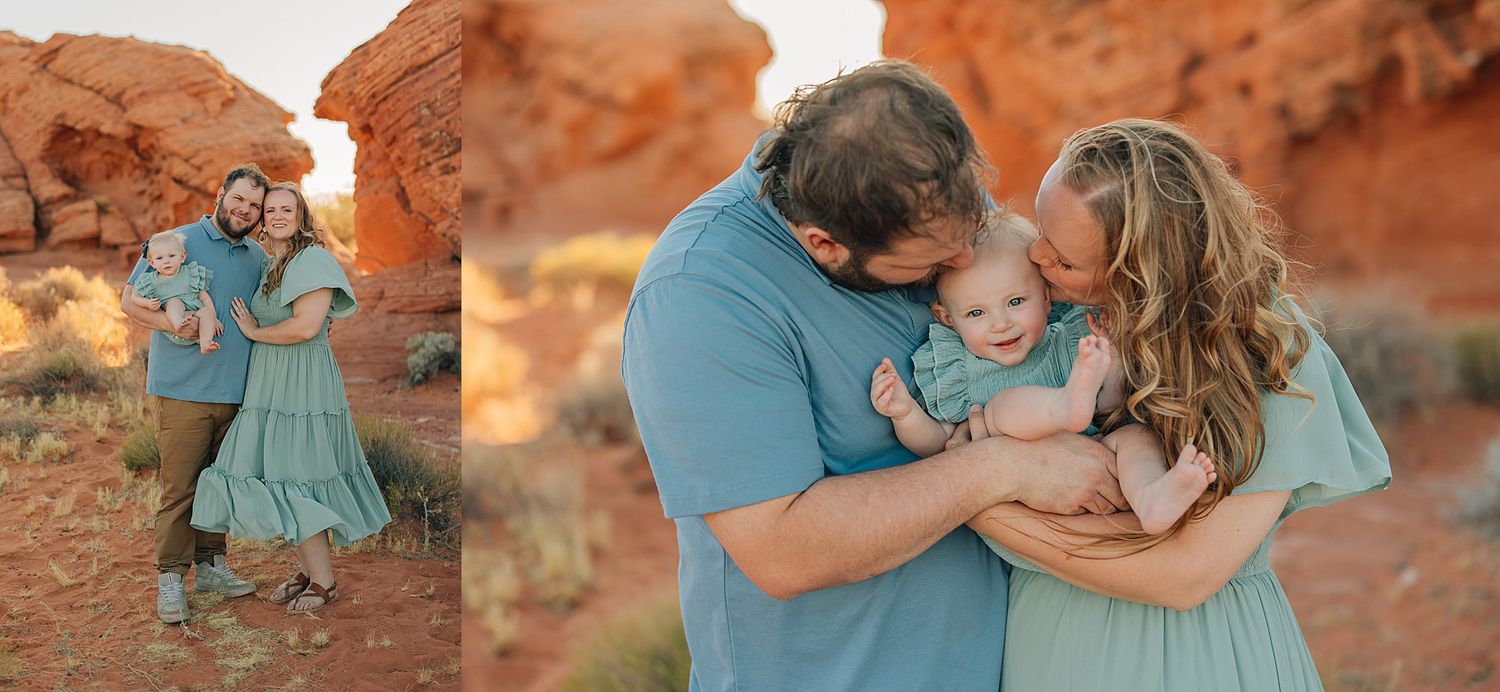 A family of three shares a tender embrace among red rock formations in a desert landscape, wearing coordinating teal outfits.