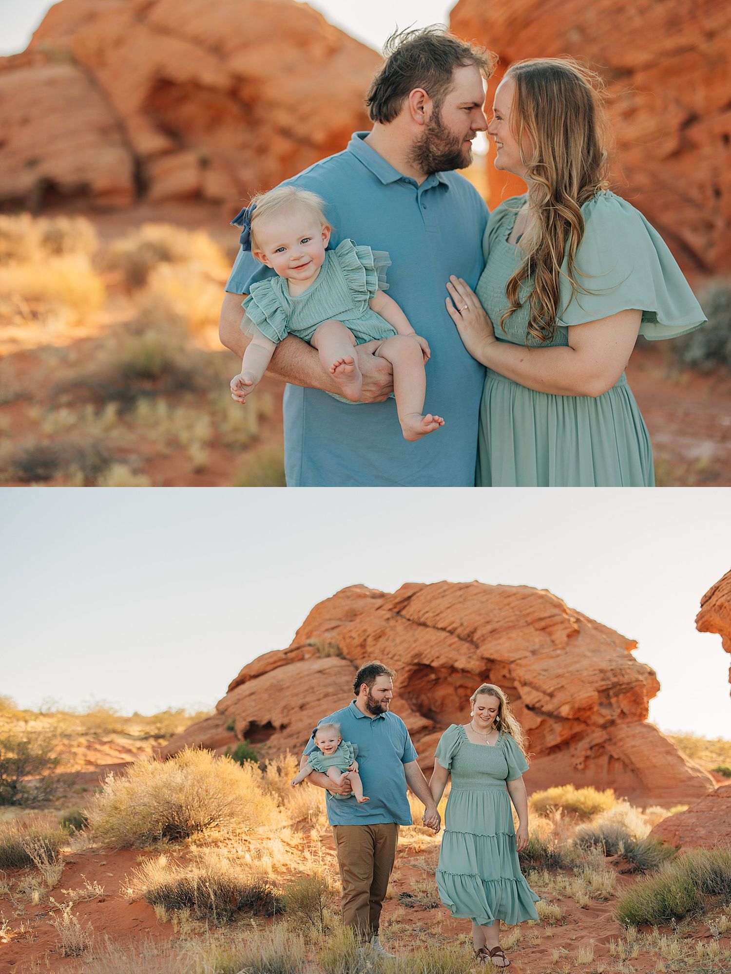 Young couple with baby posing in red rock desert setting during golden hour family photo session.