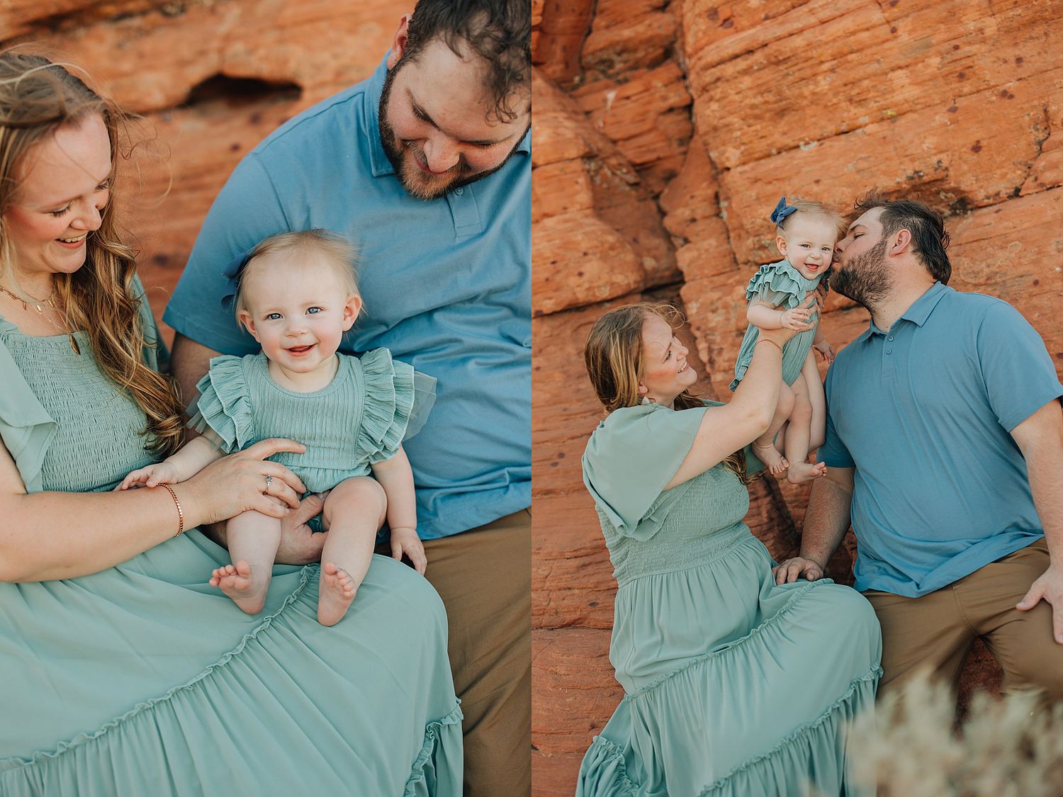 Family photo session with parents in teal outfits holding smiling baby girl against red rock backdrop.