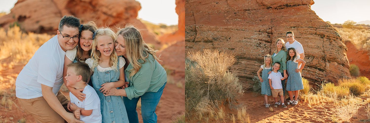 Family posing together near red rock formations in a desert landscape during golden hour outdoor photography session.