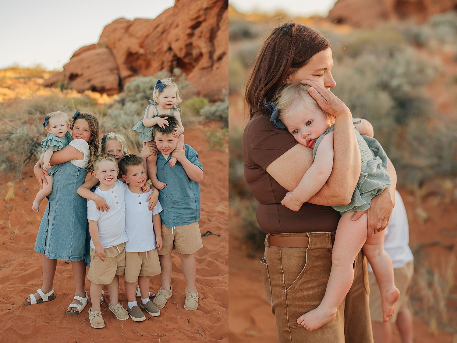 Group of children hugging outdoors near red rock formations, and a mother tenderly holding her baby in a desert landscape.