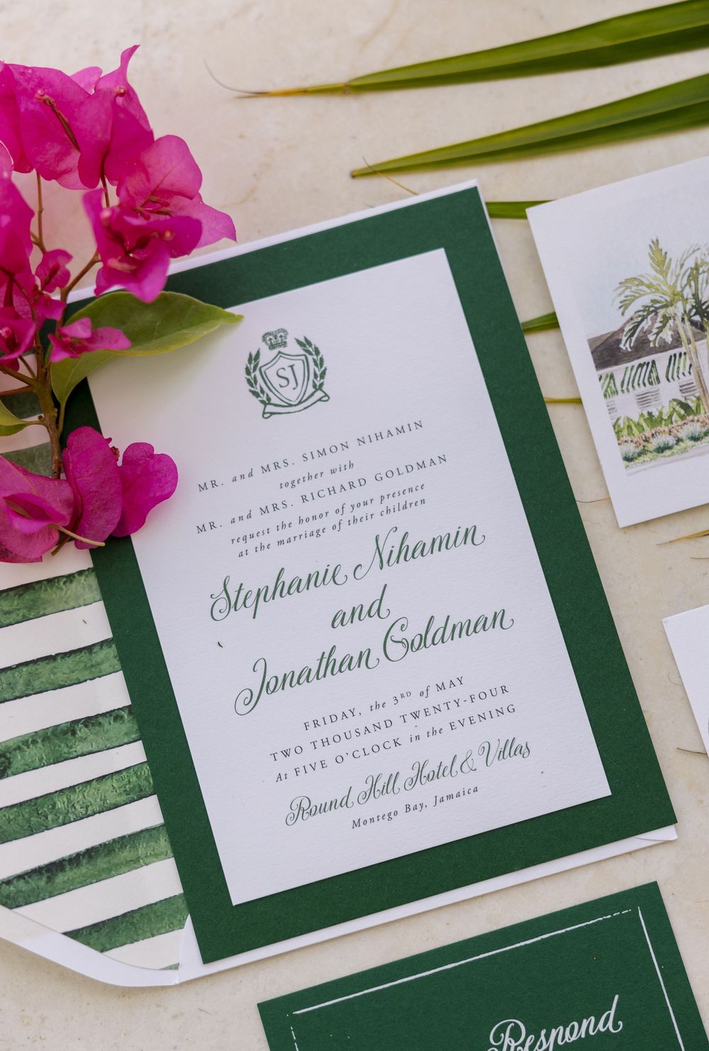 Elegant wedding invitation for Stephanie Nihamin and Jonathan Goldman at Round Hill Hotel Jamaica.