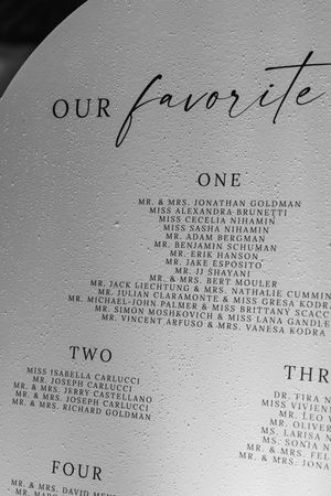 Black and white wedding seating chart sign with elegant script reading Our Favorite, listing guest table assignments.