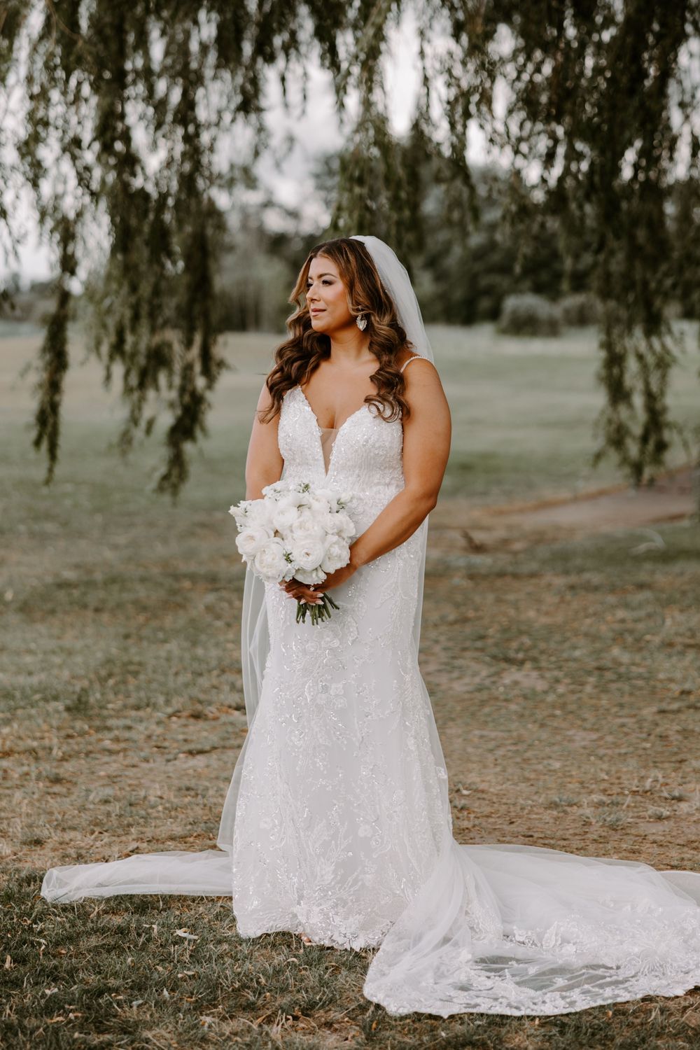 Bride in lace mermaid gown holds white bouquet beneath weeping willow tree during bridal portraits.