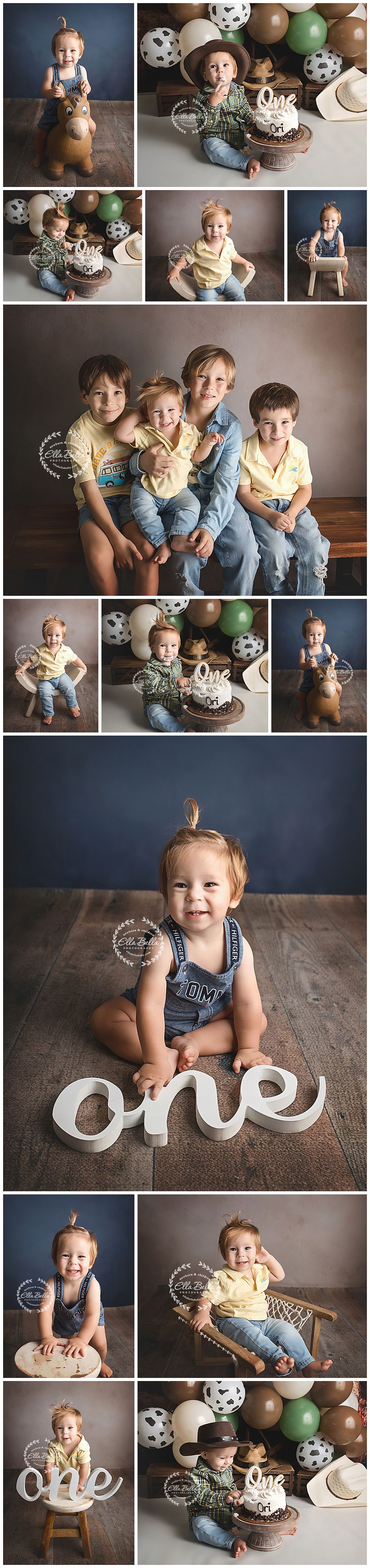 Collage of a baby boy's cowboy-themed first birthday cake smash photoshoot with siblings, balloons, and western props.