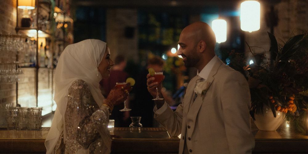 Asian, Pakistani Bride and groom post wedding drinks in London for a couple shoot.